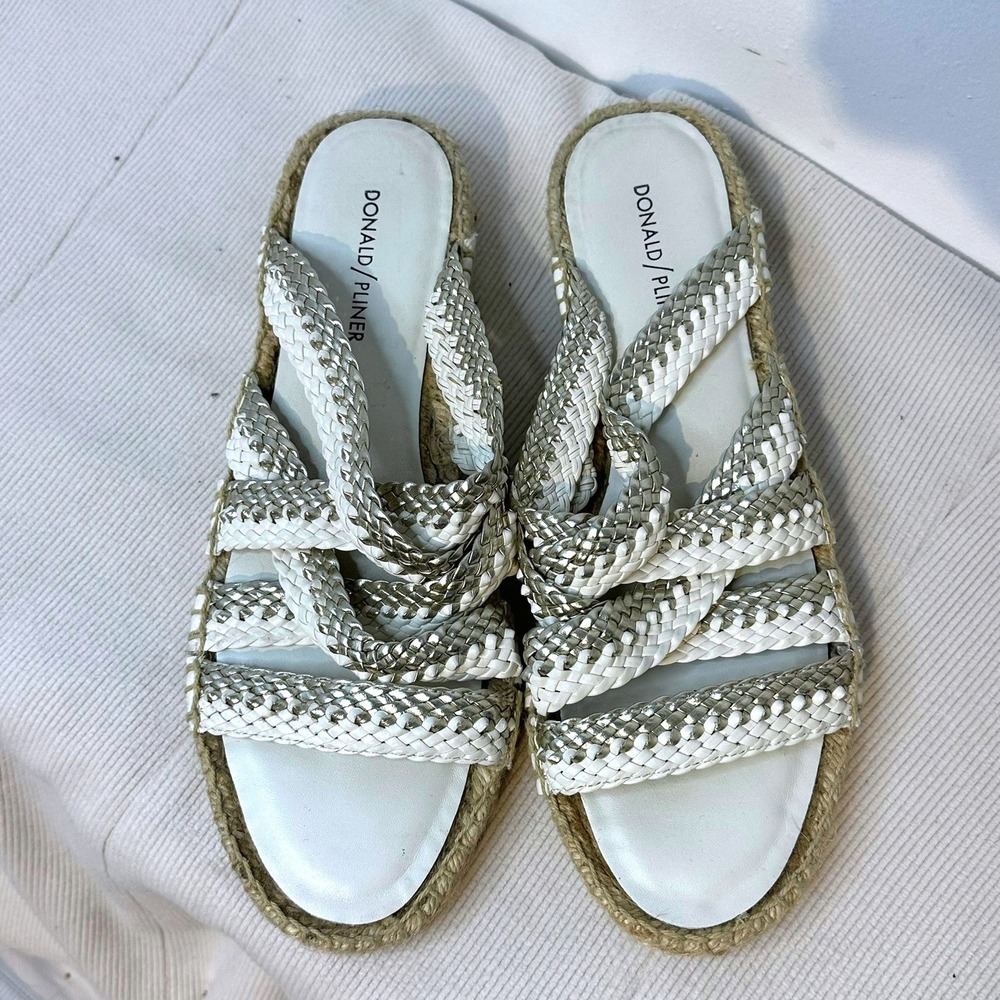 Donald Pliner Espadrille Slides Women 9 White Silver Woven Sandal